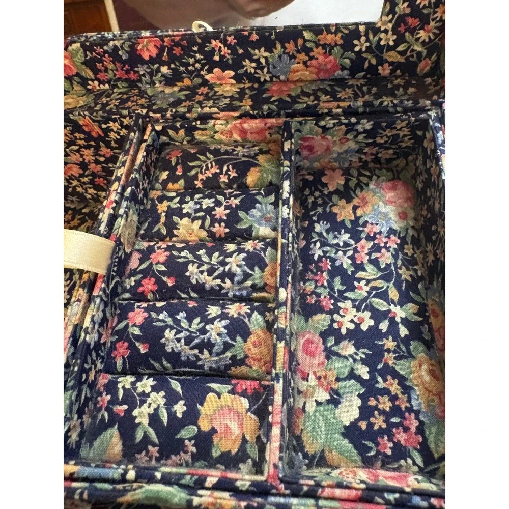Vintage Floral Chintz Fabric Jewelry Box Navy Blue Mirror Organizer Tray